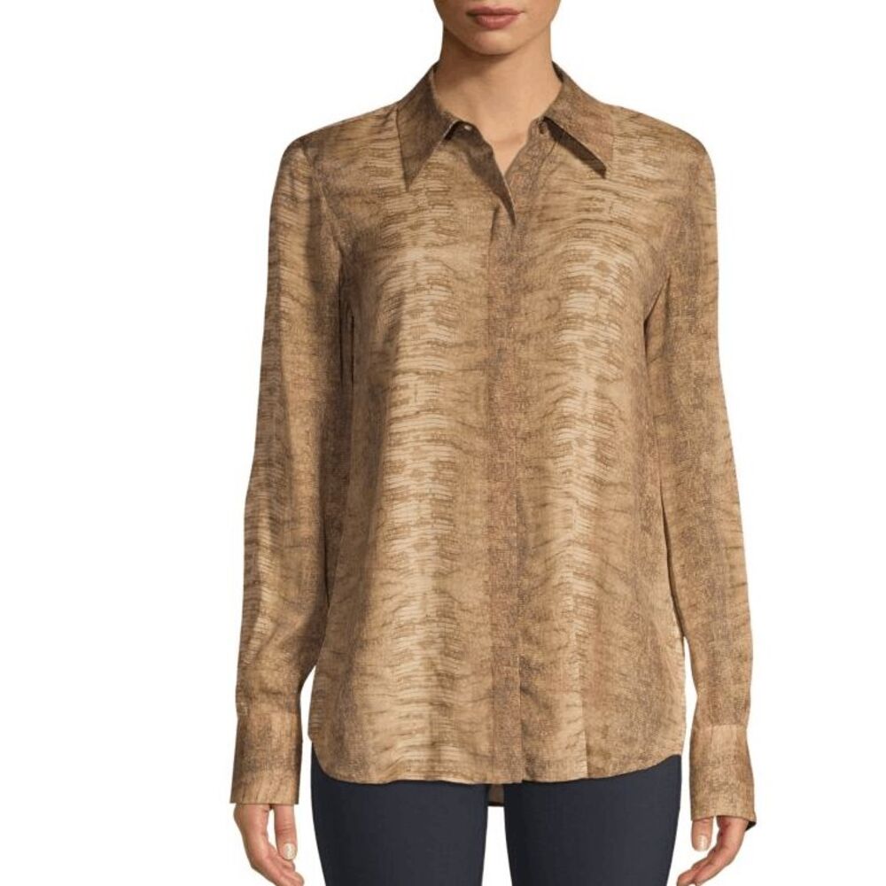 Lafayette 148 New York Brown Patterned Long-Sleeve Silk Blouse